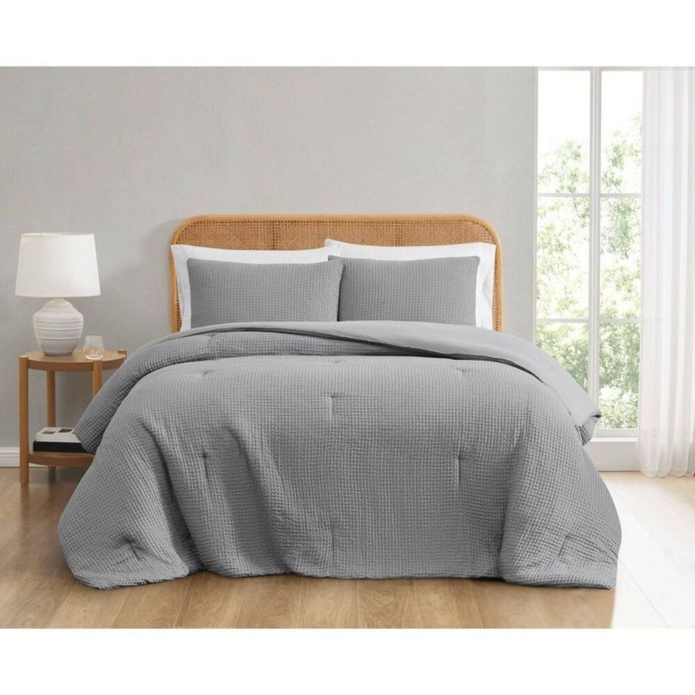 Truly Soft -  Twin Textured Waffle Comforter Set Gray Gray